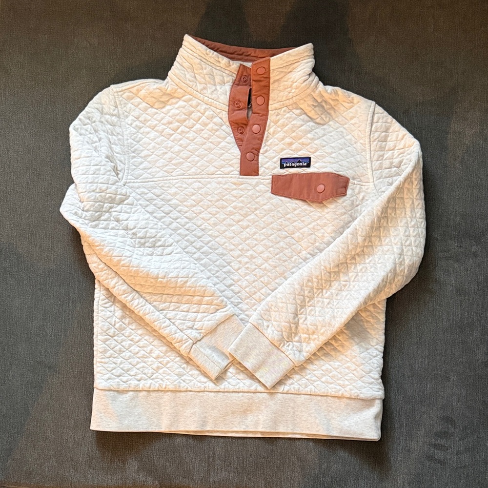 Cream Quilted Pullover with Coral Accents